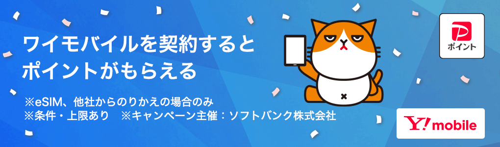 ワイモバイルを契約するとポイントがもらえる キャンペーンリニューアル ※eSIM、他社からのりかえの場合 ※条件・上限あり ※キャンペーン主催：ソフトバンク株式会社