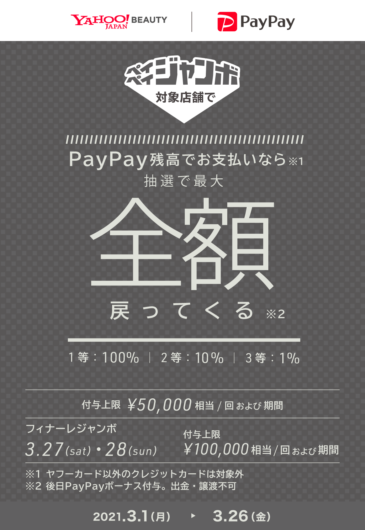 ペイペイジャンボ対象店舗でPayPay残高でお支払いなら抽選で最大全額戻ってくる