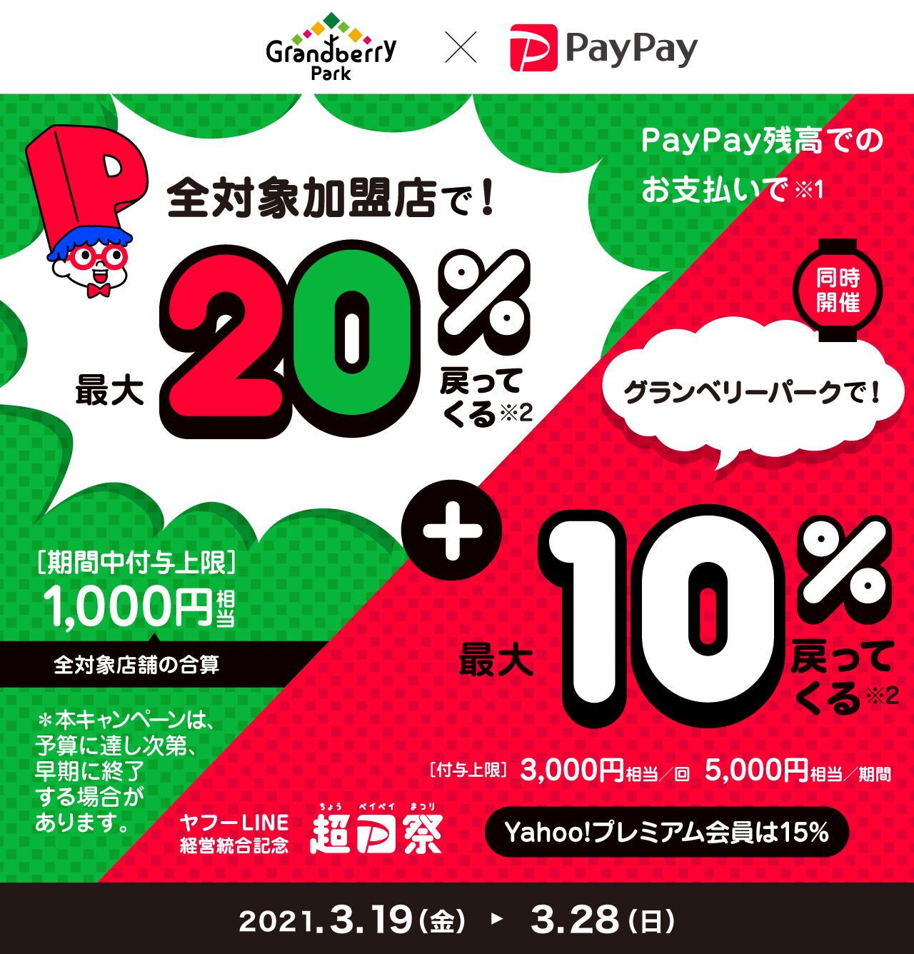 全対象加盟店で！最大20％戻ってくる ＋ グランベリーパークで！最大10％戻ってくる