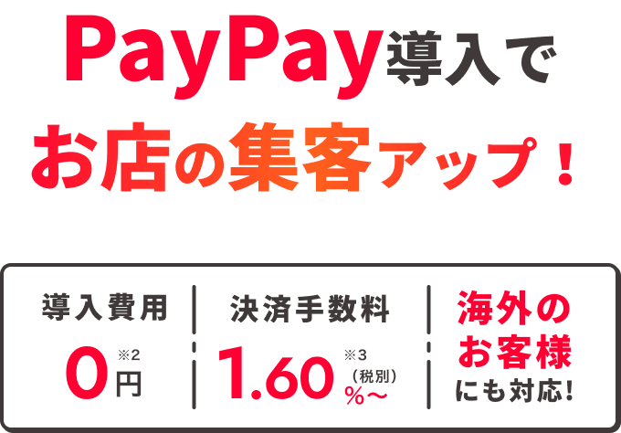 PayPay導入でお店の集客アップ！＜導入費用：0円※2|決済手数料：1.60%～（税別）※3|海外のお客様にも対応!＞